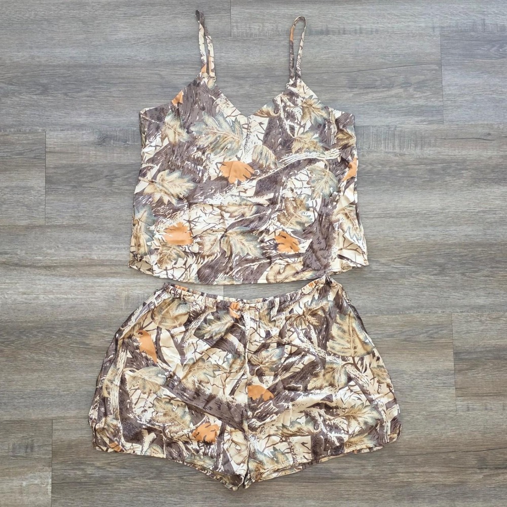 Vintage Cabelas Realtree Camo 100% Silk Pajama Set Medium Camisole Shorts Y2K